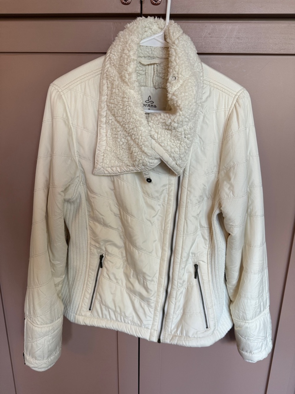 Prana Cream Quilted Puffer Jacket with Sherpa Collar